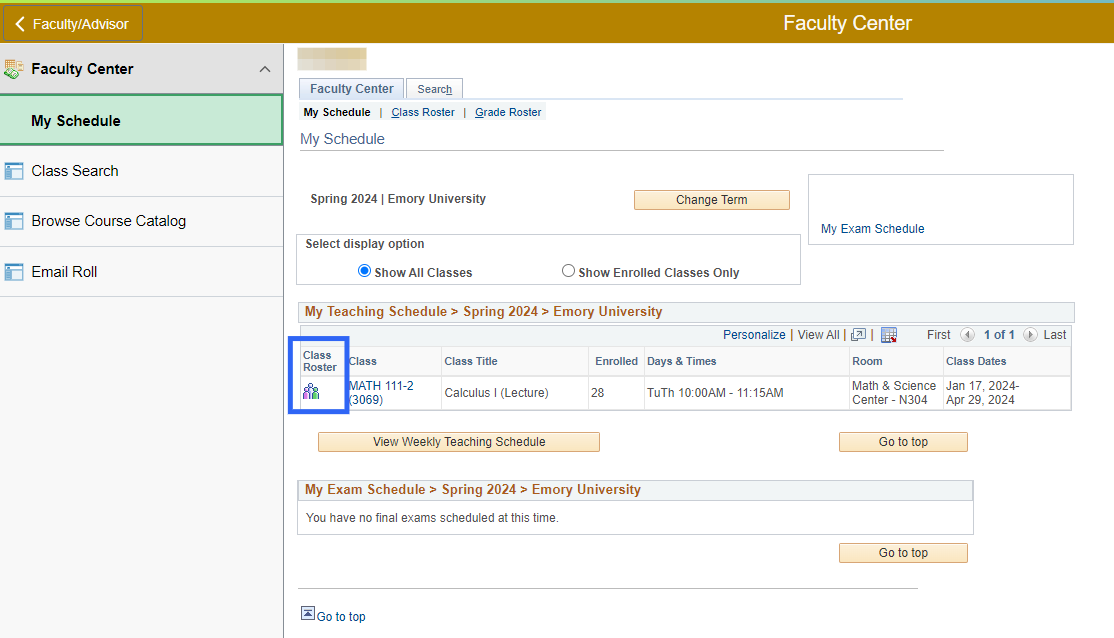 Faculty Center: My Schedule